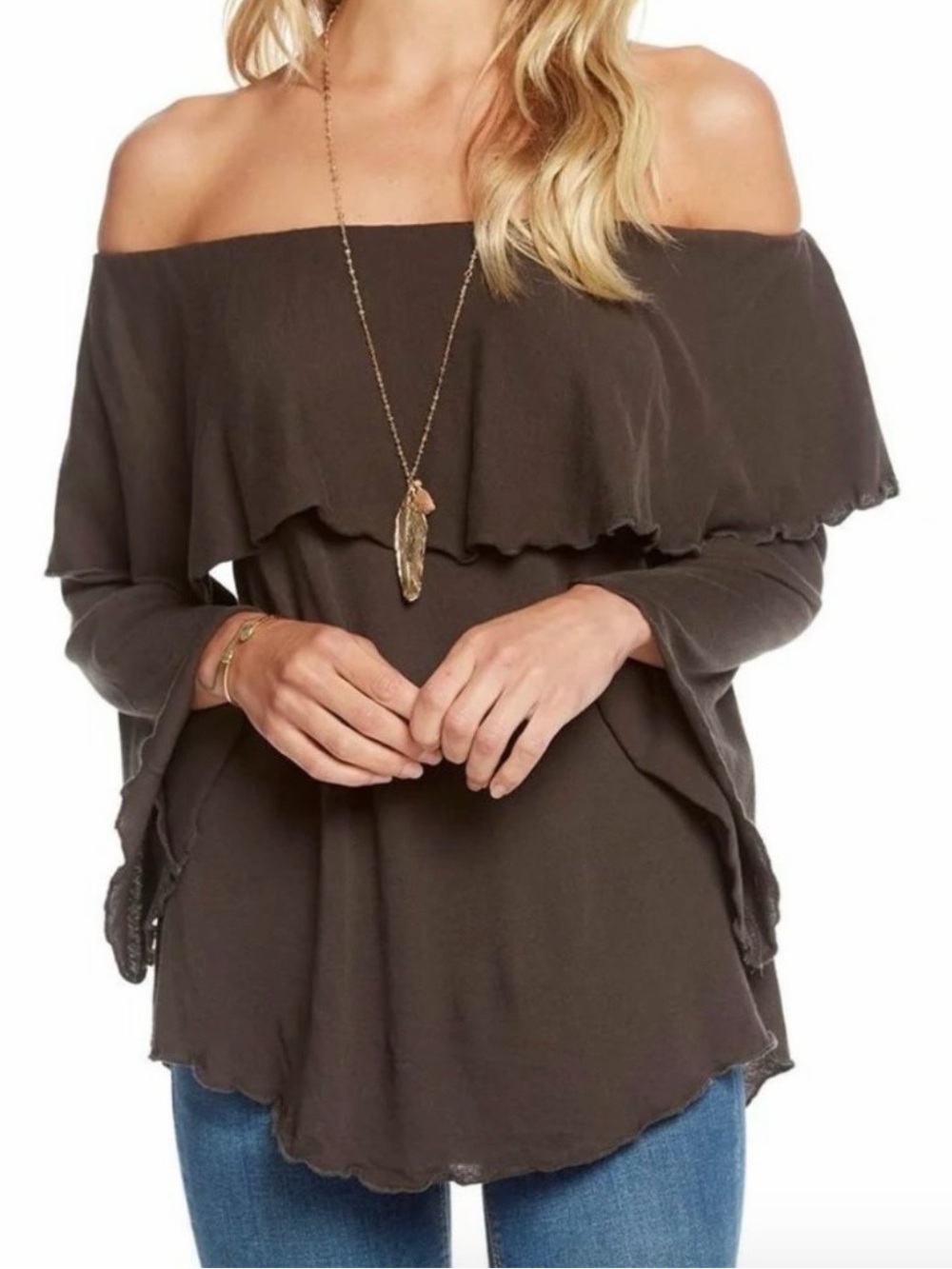Chaser Ruffle Off the Shoulder Top Gauzy Cotton Jersey Boho Brown Size XS